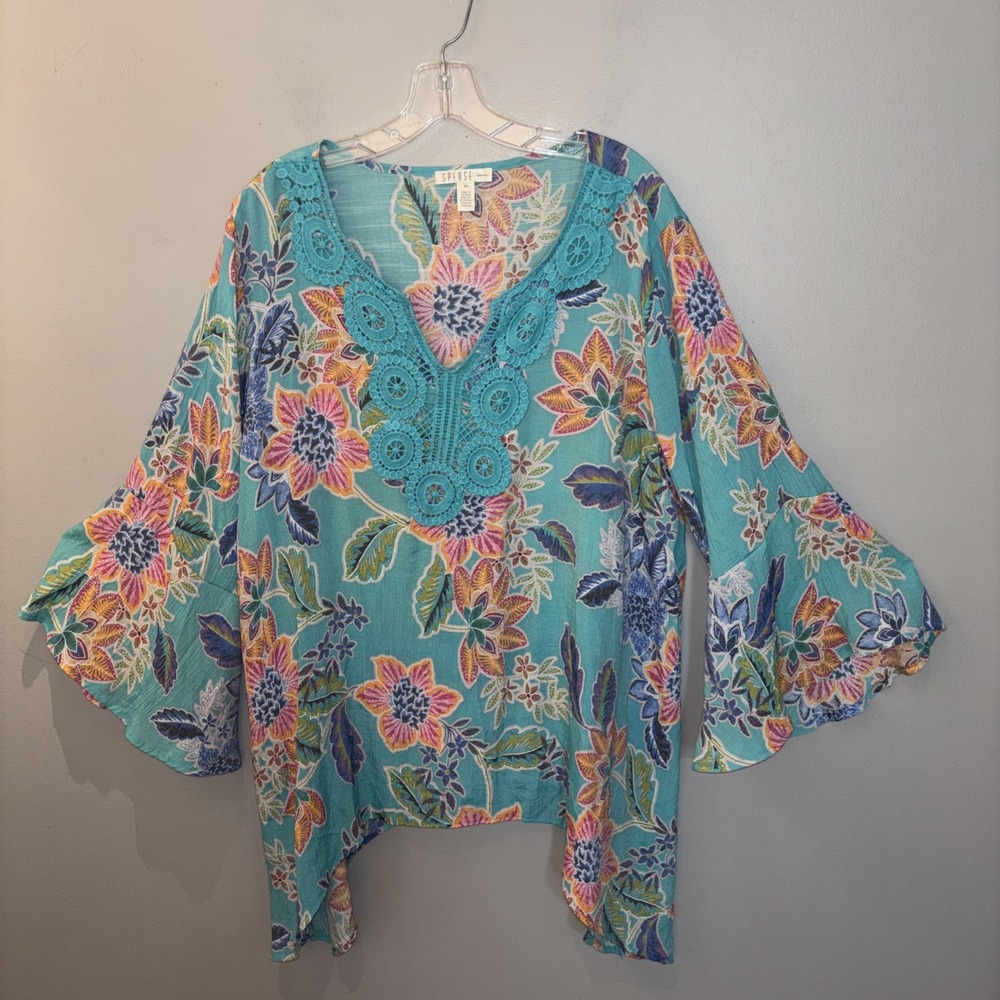 Spence Women's Boho Turquoise Floral Blouse Crochet Trim Flutter Sleeves Size 2X
